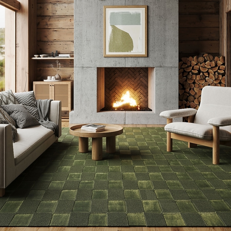 Area Rug: Woven Texture Sage Green Low Pile Earthy Minimalist Style