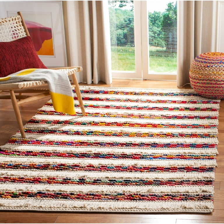 Area Rug Woven Wool-Like Southwestern Ivory Red Stripe