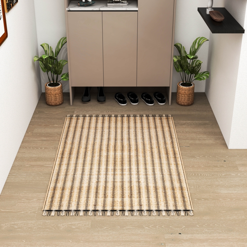 Area Rug Zebra Print Frayed Fringe Woven Black Cream Bohemian