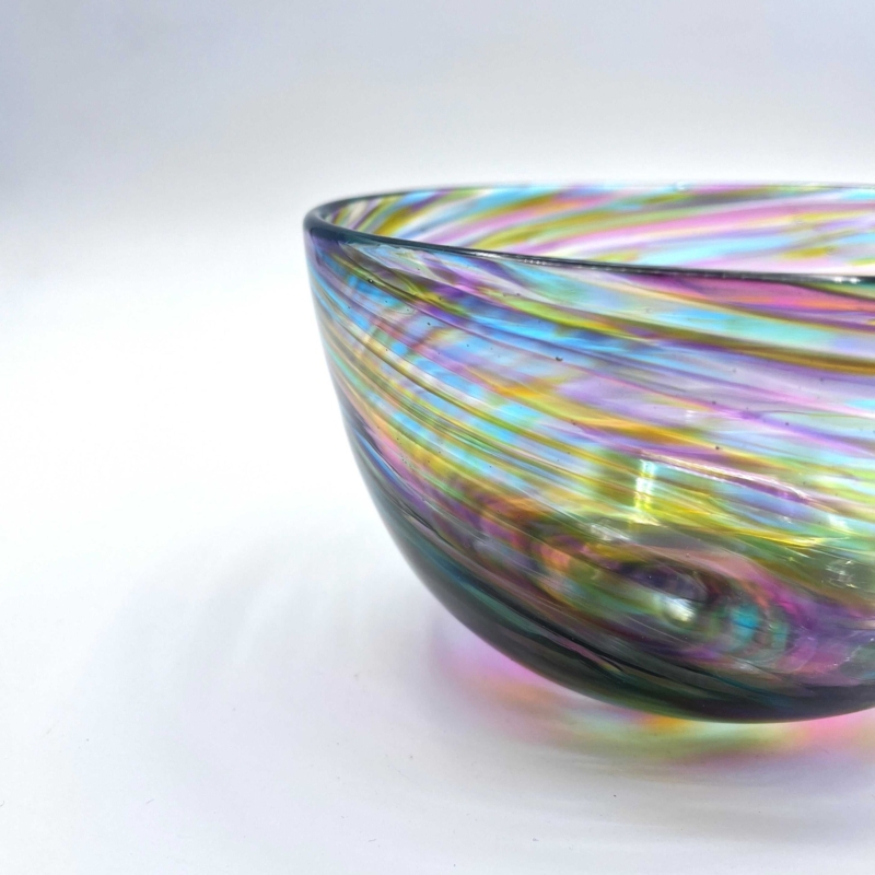 Art Glass Serving Bowl, Swirled Pattern, Wavy Rim, Coastal Style