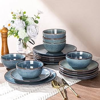 Artisan Blue Stoneware Dinnerware Set, Variegated Glaze with Bronze Rim.