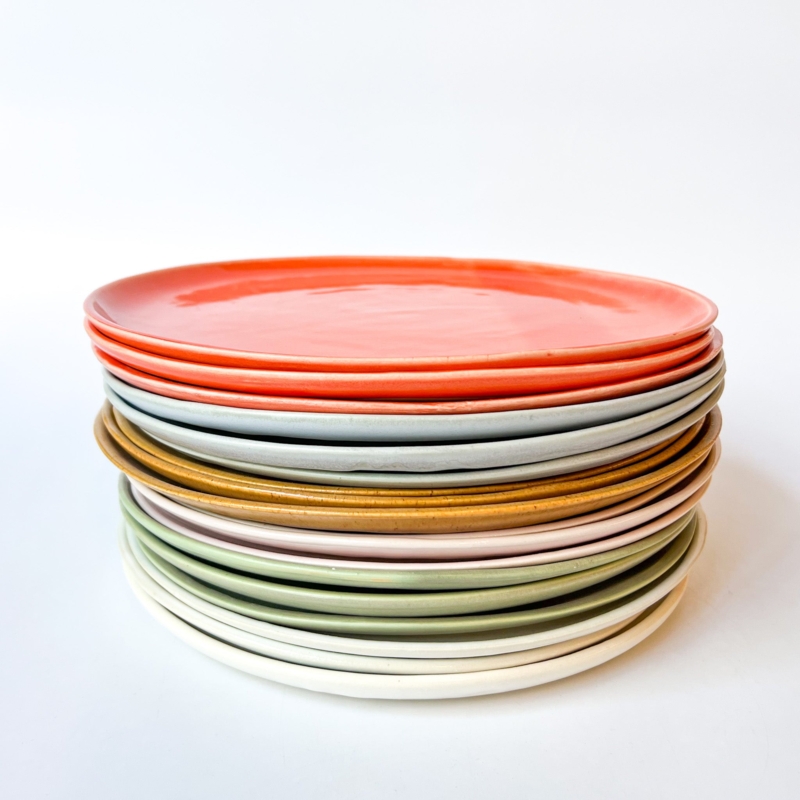 Artisanal Ceramic Dinner Plate, Semi-Matte White with Hand Painted Rim.