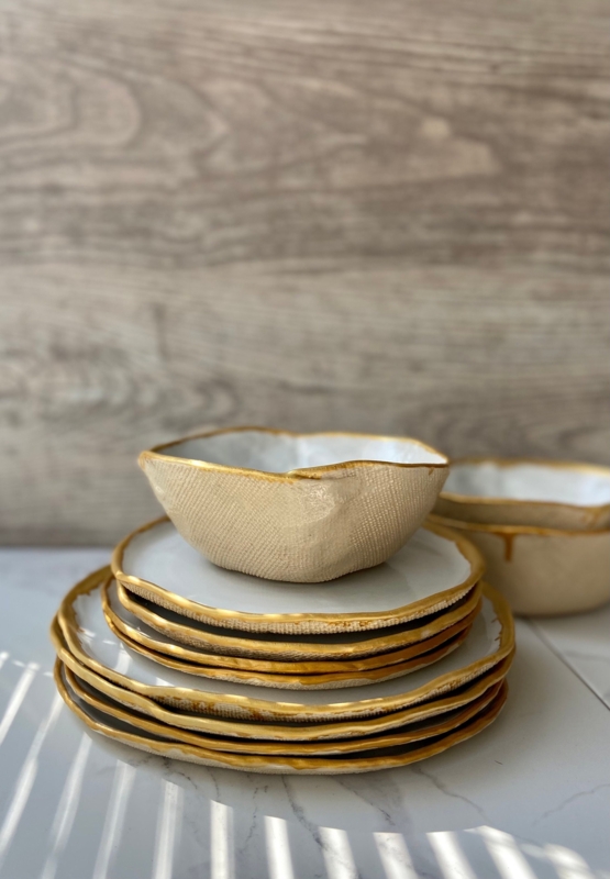 Artisanal Stoneware Dinnerware Set Creamy Speckled Gold Rim