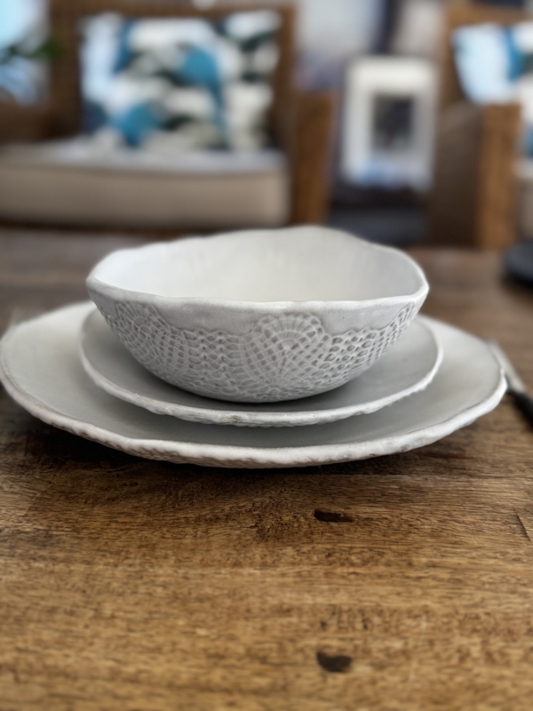 Artisanal Stoneware Dinnerware Set, Matte Ribbed Texture Exposed Rim.