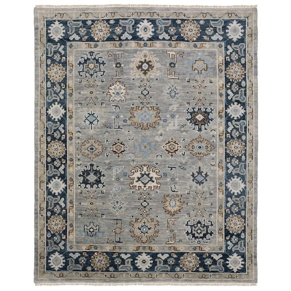 AVERLEY Home Majestic Gray/Blue 9 ft. x 12 ft. Distressed Oriental Floral Hand-knotted Wool Fringed-Edge Indoor Area Rug