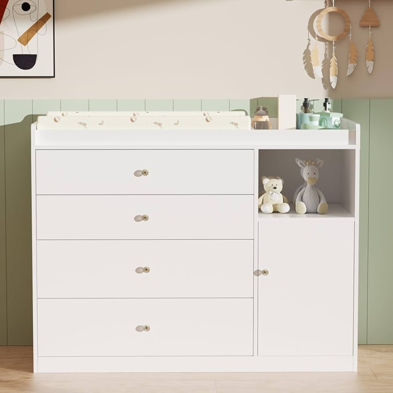 Baby Changing Table Five-Drawer Tapered Legs Scandi Style Nursery Decor
