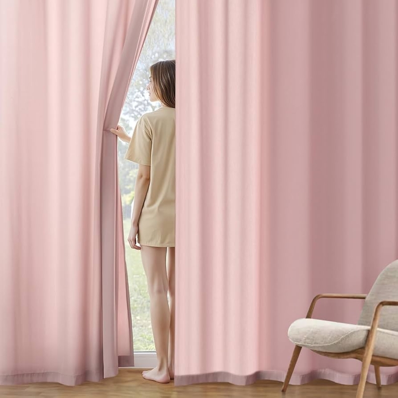 Baby Pink Curtains Linen Texture Rod Pocket Soft Living Room Drapes