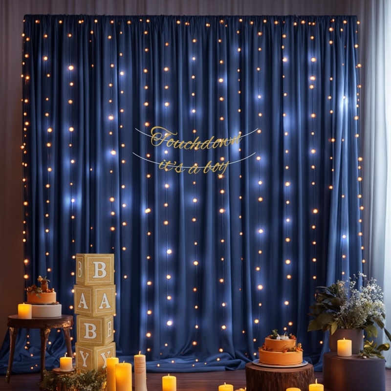 Backdrop Curtain Navy Blue with String Lights Wrinkle Resistant Glam