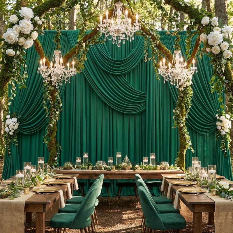 Backdrop Panel Spandex Sheen Emerald Green With Decorative Gold Buckle