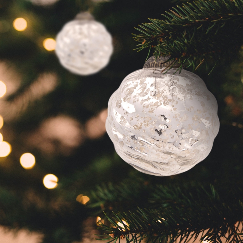Ball Ornament Silver Mercury Glass Finish Swirled Ribs