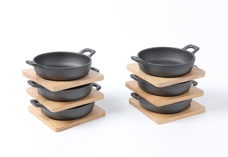 Bamboo and Black Bowl Set of Six, Mini Cast Iron Look, Round Trays