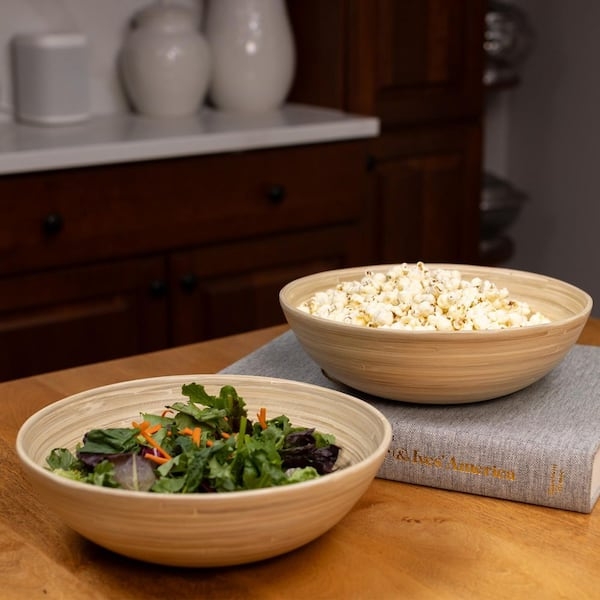 Bamboo Serving Bowl Set with Matching Utensils and 12-Inch Diameter