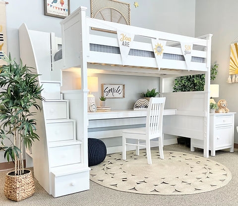 Beadboard Loft Bed with Storage Stairs and Integrated Desk