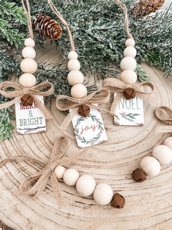 Beaded Heart Christmas Ornaments: Rustic Neutral Farmhouse Tree Decor