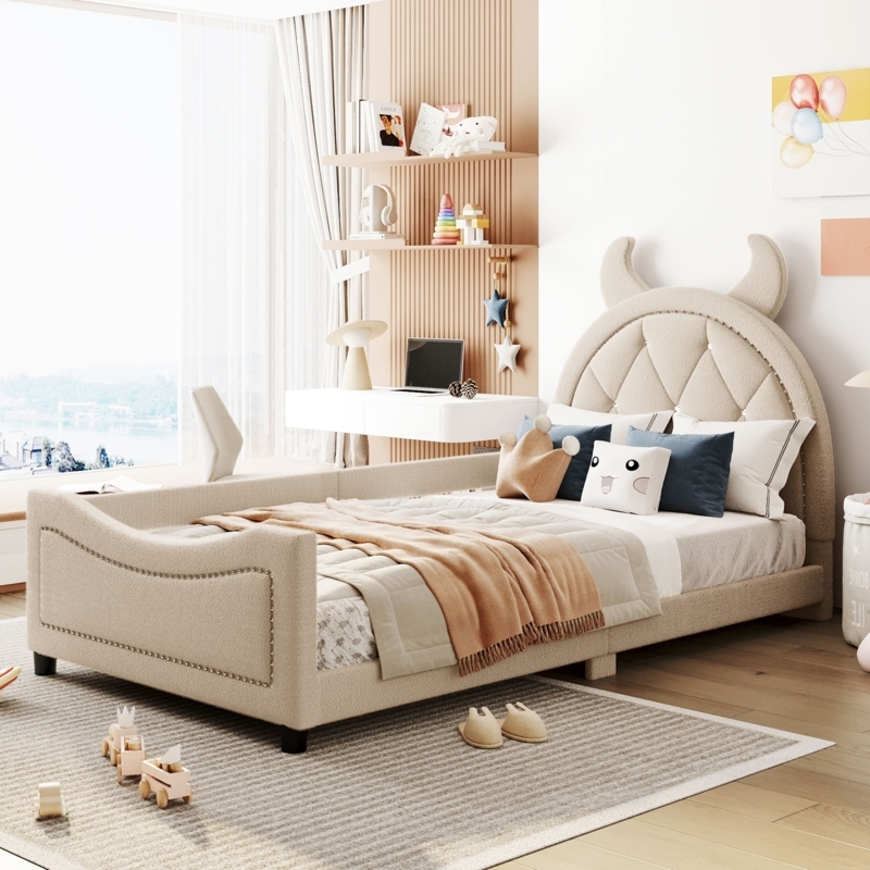 Beige and White Cow Shaped Platform Bed, Playful Kids Bedroom Furniture