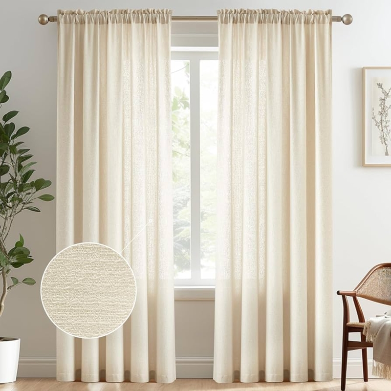 Beige Curtain Panel Linen Look Rod Pocket Farmhouse Window Decor