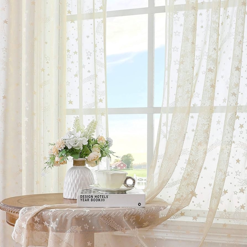 Beige Curtains Woven Star Pattern Rod Pocket Retro Living Room Window