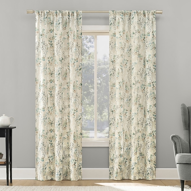 Beige Floral Vine Print Curtain Panel, Room Darkening Window Drapes