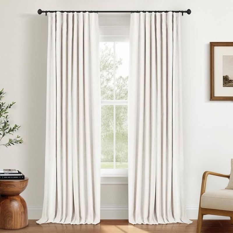 Beige Linen Texture Curtains with Black Clip Rings, Floor Length