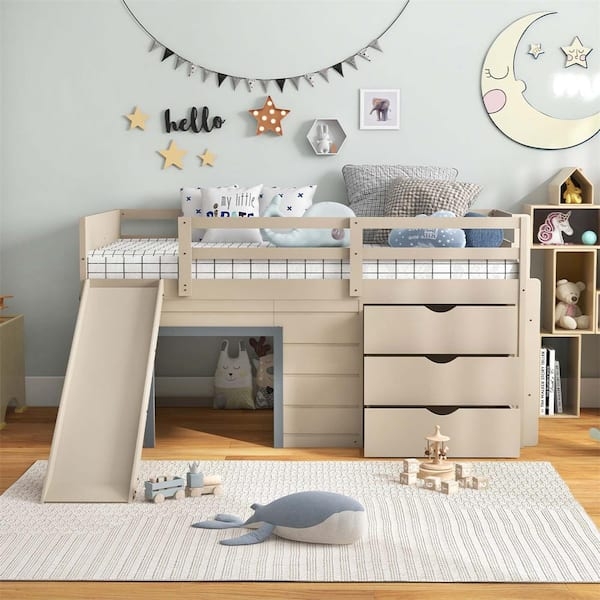Beige Low Loft Bed with Slide, Ladder, and Under Bed Storage Drawers