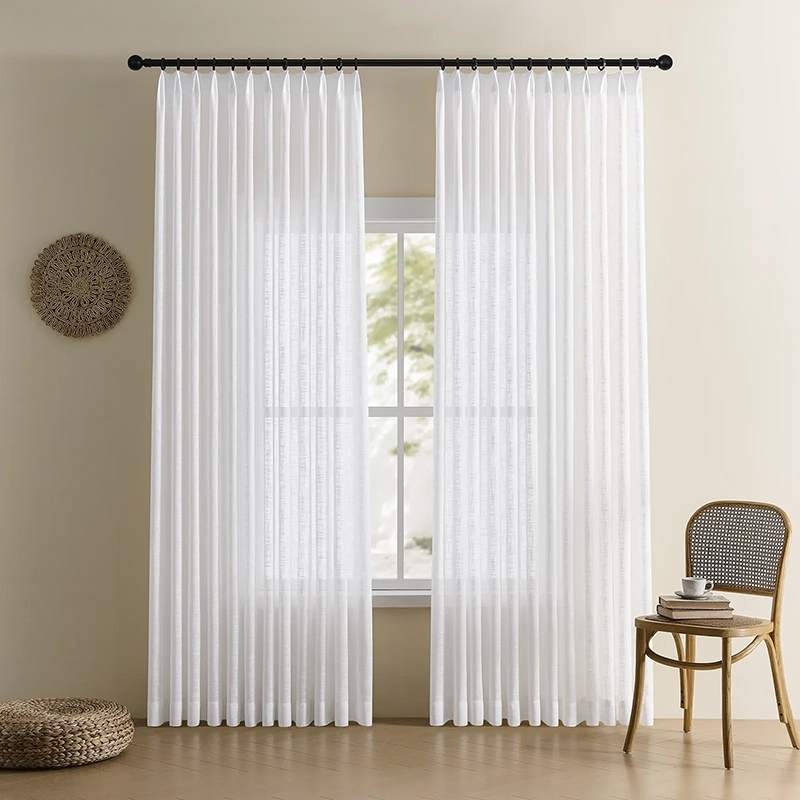 Beige Pinch Pleat Curtains Linen Like Semi-Sheer Organic Styling