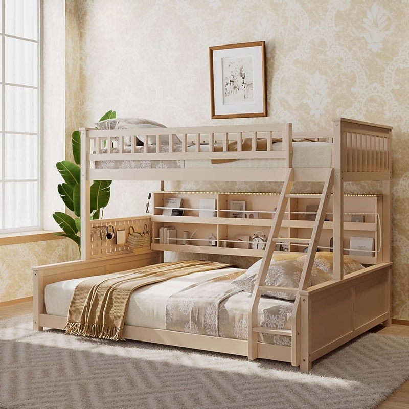 Beige Twin XL over Queen Bunk Bed with Pegboard and LEDs