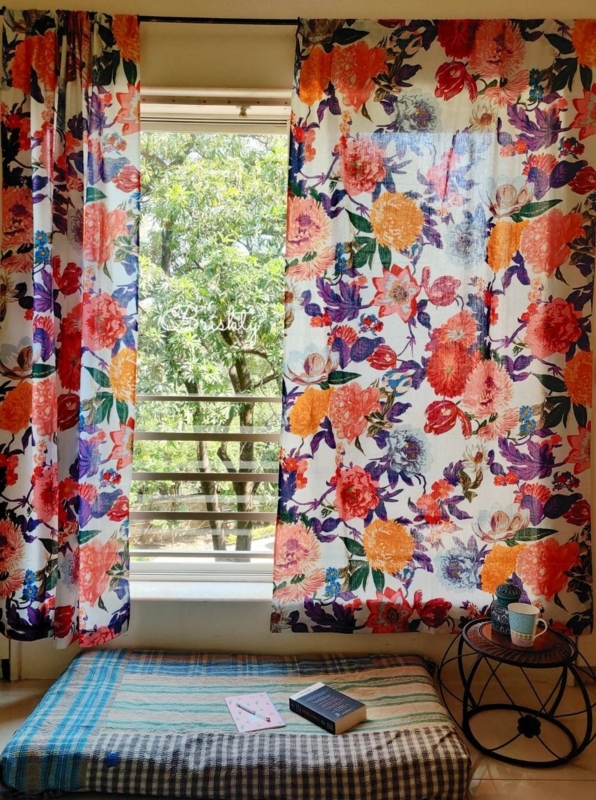 Big Bold Flowers Curtain Panel Hand Printed Look Vintage Cottage