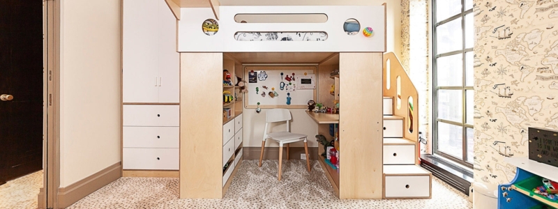 Birch Wood Loft Bed System with Storage Stairs, L-Shaped