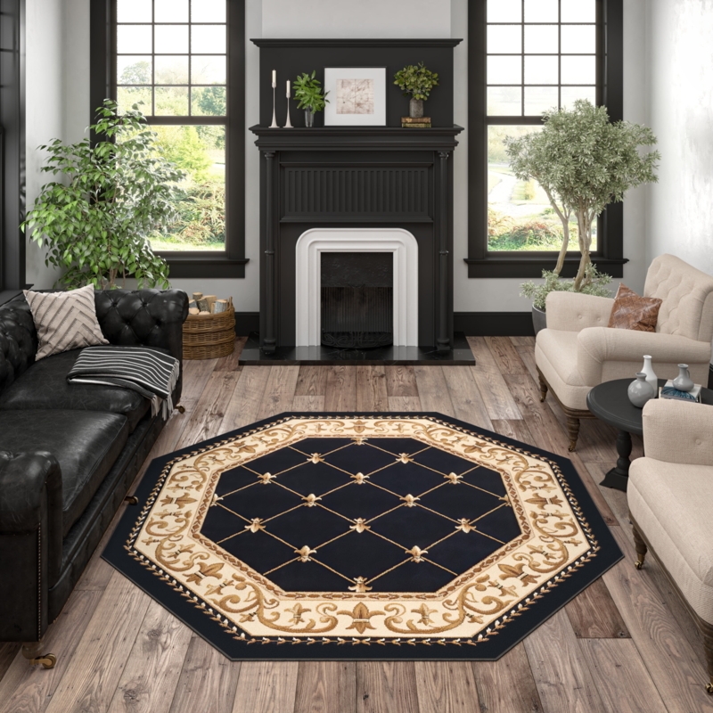 Black and Beige Medallion Rug with Traditional Ornate Border