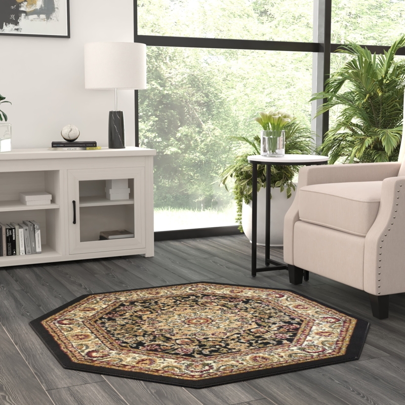 Black and Gold Medallion Rug with Ornate Octagonal Border