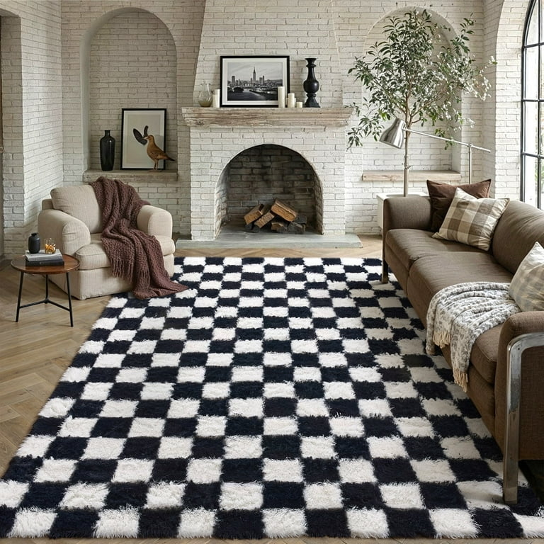 Black And White Checkered Shag Rug Graphic Pattern Modern Plush