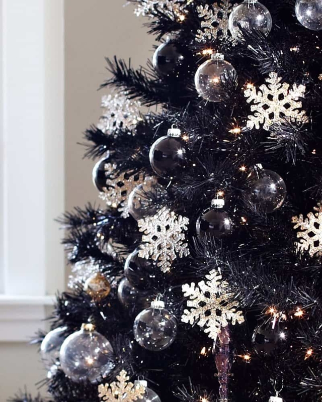 Black Christmas Tree Flocked Branches Mixed Finishes Gothic Style