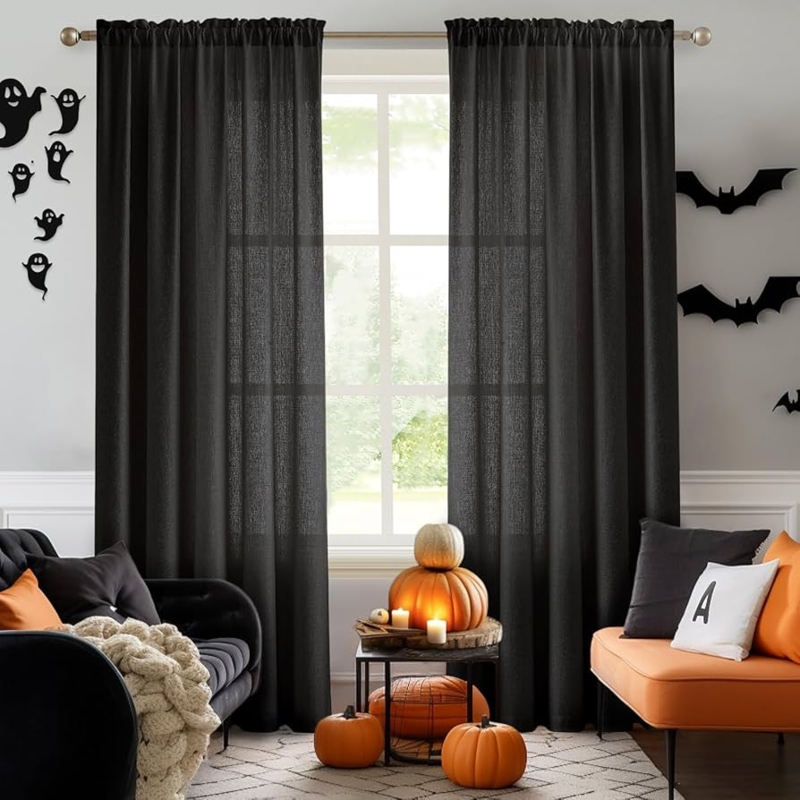 Black Curtains Faux Linen Shimmering Texture Sophisticated Dark Window