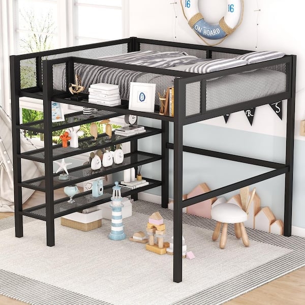 Black Full Size Loft Bed with 4-Tier Shelving