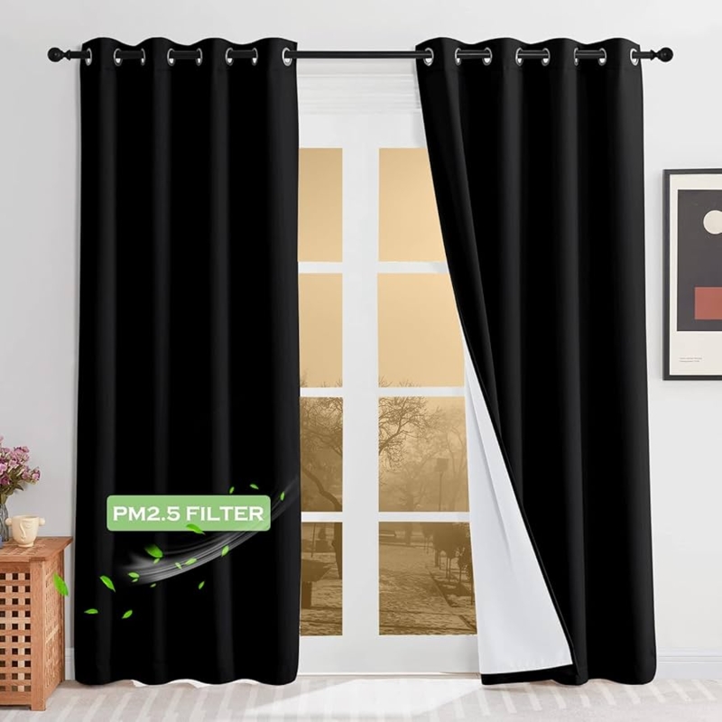 Black Grommet Floor-Length Blackout Curtains with Thermal Insulation