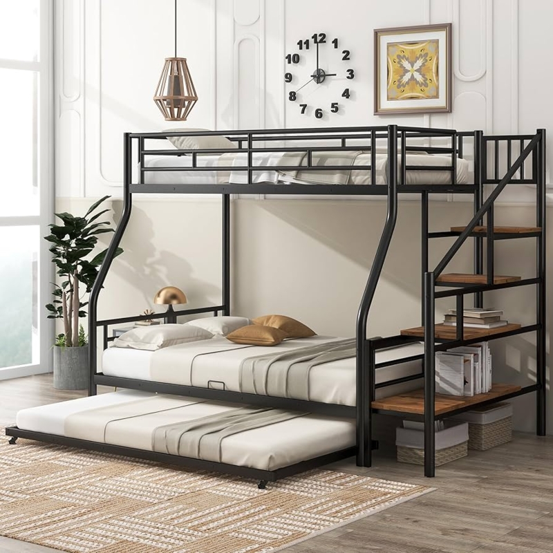 Black Metal Bunk Bed Twin Over Full Storage Staircase Industrial
