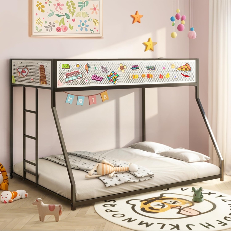 Black Metal Frame Bunk Bed Twin Over Full Mesh Guardrail Industrial