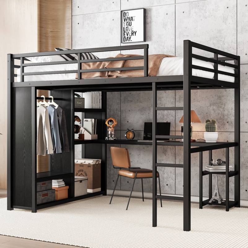 Black Metal Full Loft Bed with Desk and Wardrobe