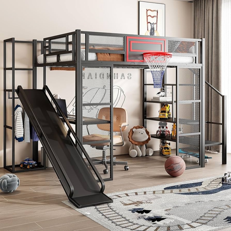 Black Metal Full Loft Bed with Slide, Basketball Hoop, Desk and Wardrobe
