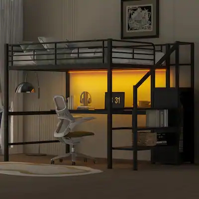 Black Metal Full Loft Bed with Under-bed LED Lighting