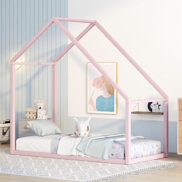 Black Metal House Bed Frame, Low Platform for Minimalist Bedroom