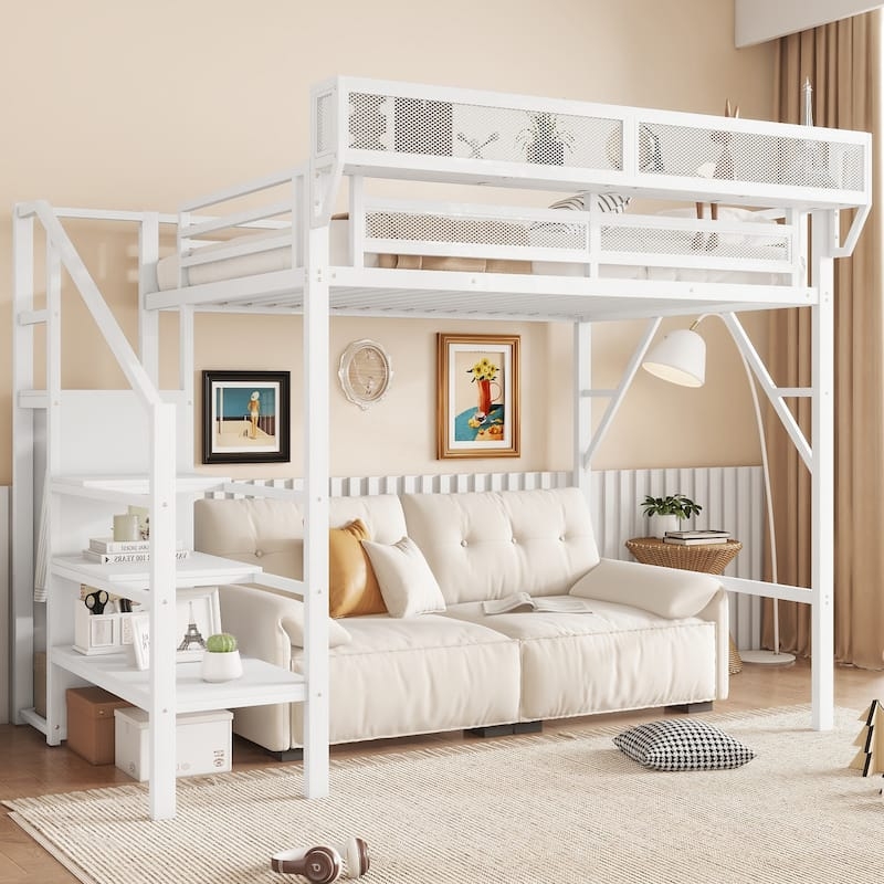 Black Metal Industrial Loft Bed with Storage Stairs and Wardrobe.