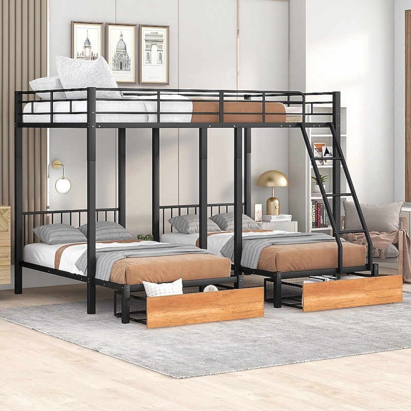 Black Metal L-Shaped Triple Bunk Bed with Storage Drawers