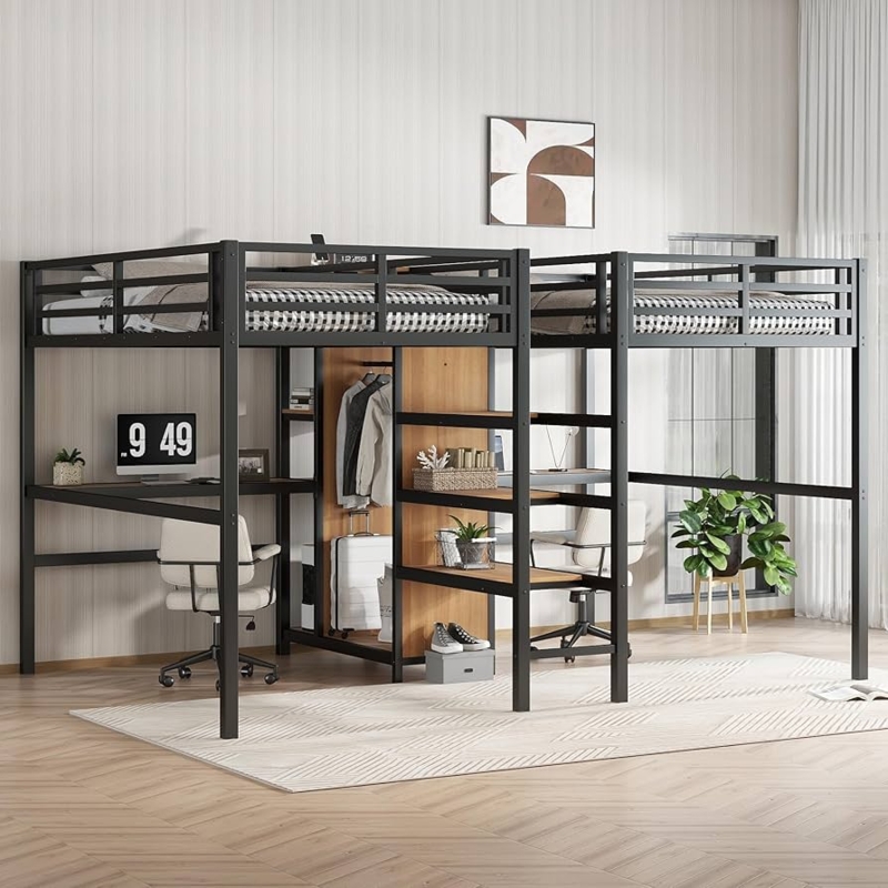 Black Metal Loft Bed with Double Desk, Wardrobe and Wood Grain Stairs