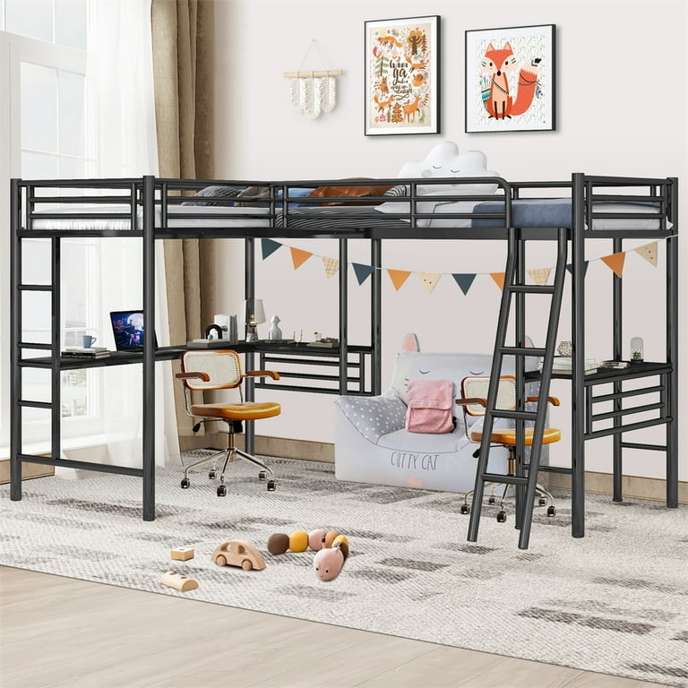 Black Metal Loft Bed with Dual Desks and Integrated Storage Stairs