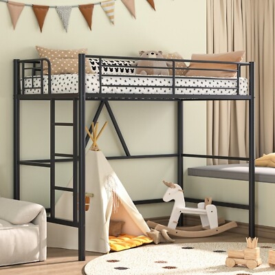 Black Metal Loft Bed with Integrated Desk and Slanted Ladder Industrial