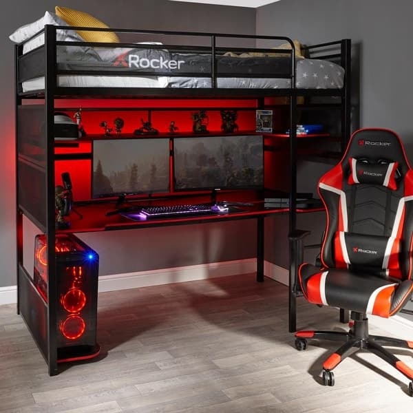 Black Metal Loft Bed With Integrated Gaming Desk And Shelves