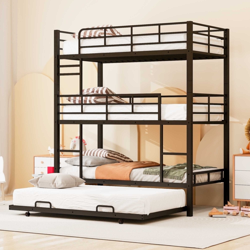 Black Metal Three Tier Bunk Bed with Trundle, Industrial