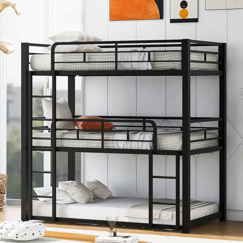 Black Metal Triple Bunk Bed, Three-Tier Industrial Design