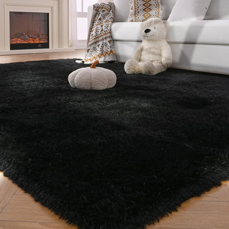 Black Shag Area Rug Ultra Plush Texture Modern Living Room